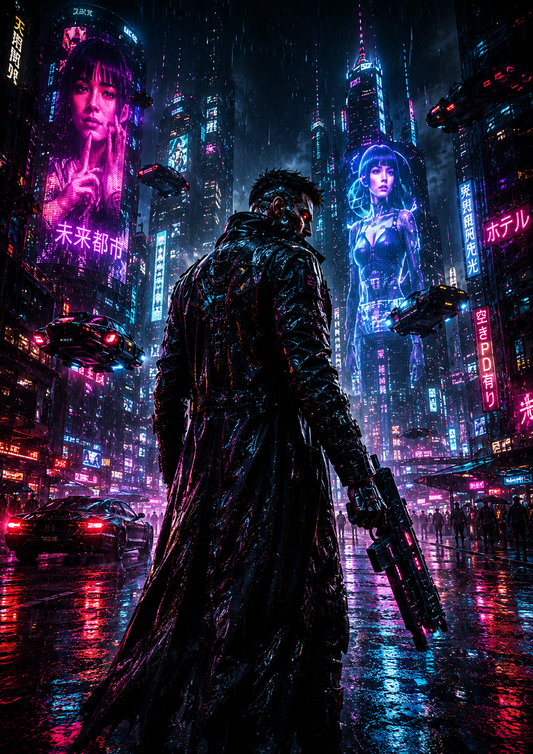 Neon streets of a cyberpunk city hd wall poster